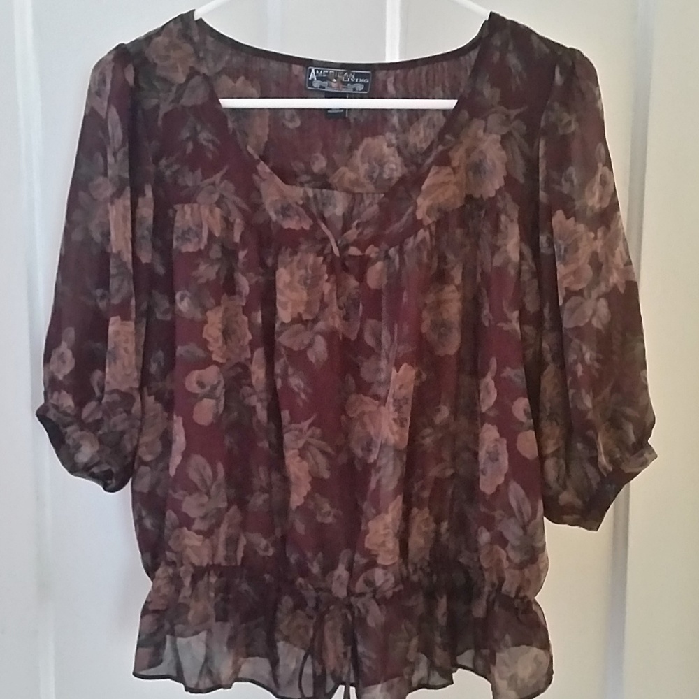 Fall-color floral sheer boho blouse